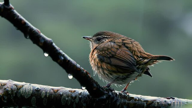 Wet Bird Perched on Branch with Water Droplets in a Misty Environment