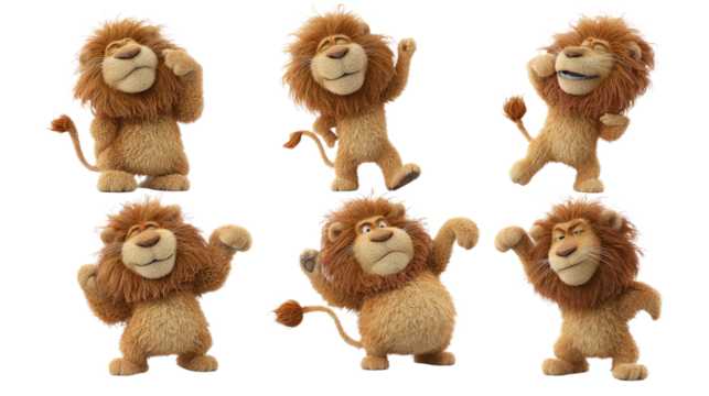 Six Cartoon Lions in Various Poses