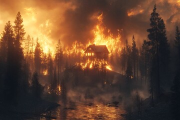 Wildfire Inferno Engulfs Forest and Home in Dramatic Night Silhouette. Climate Change Disaster Strikes with Flames and Smoke