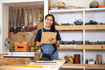 carpenter workshop with timber equipment and carpenter's shop tool, craft woodwork industry by professional craftsman person working in wooden occupation job to make a furniture from wood plank