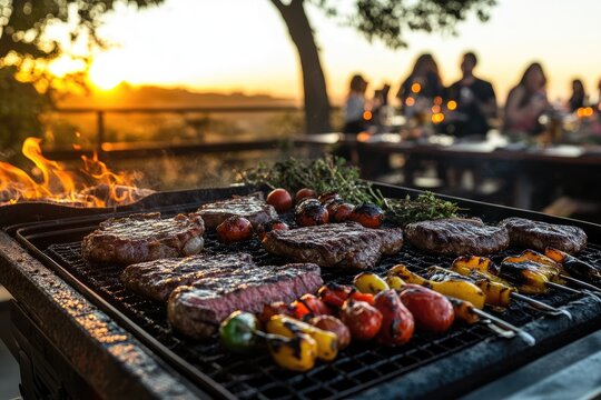 Outdoor grilling feast at sunset