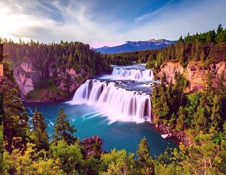 Majestic waterfall cascading through a lush valley