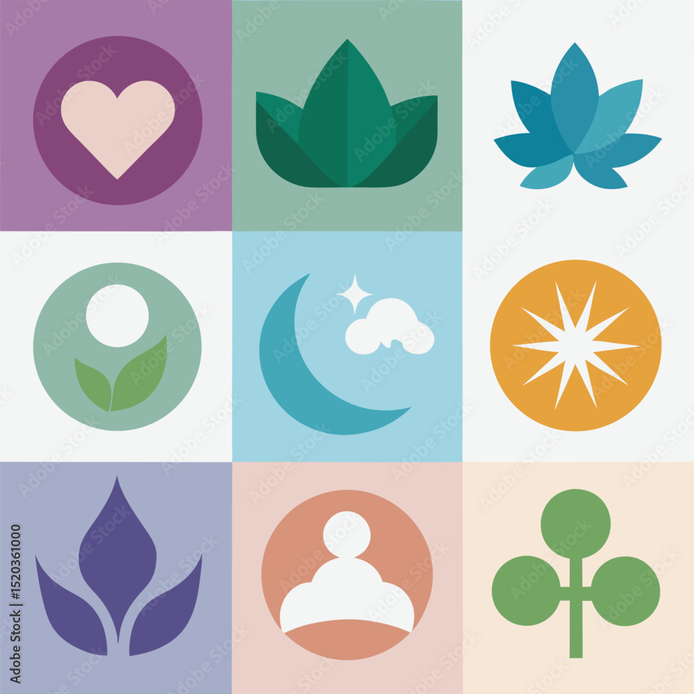 Poster modern geometric icons arranged in a grid representing abstract concepts and symbols