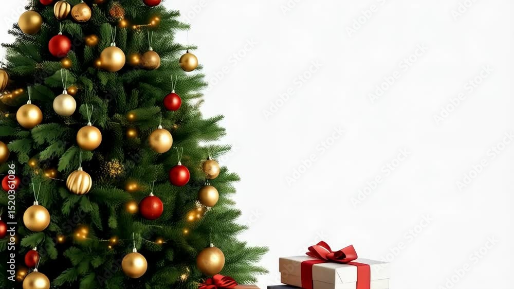 Poster decorated christmas tree with red and gold ornaments and string lights next to wrapped presents on a