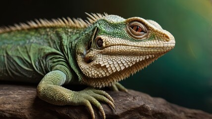 Obraz premium Close-up of a green iguana resting on a wooden surface with detailed scales and vibrant colors in a natural setting