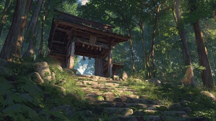 Stone Steps to a Forest Shrine Tranquil Nature Scene