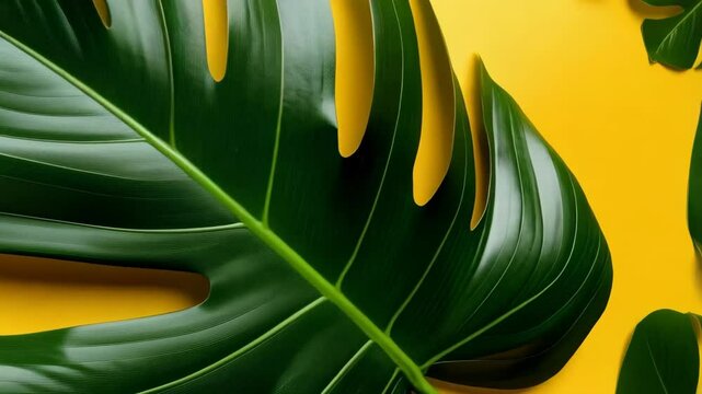 Tropical composition featuring a large split-leaf philodendron with its glossy green foliage on a bright yellow backdrop with scattered nuts