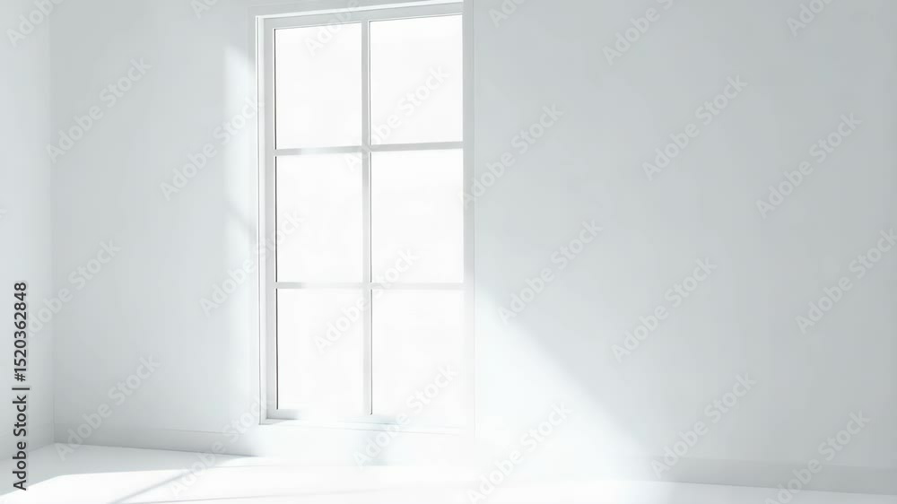 Poster bright modern interior features a white window with light shining through in an empty room with whit