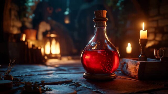Enchanted potion bottle glowing in mystical candlelit stone chamber