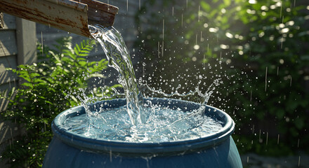 Rainwater being collected in barrel, sustainable water harvesting system.