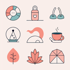 Vector icons in minimalist style depicting travel food and nature elements