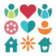 Vector icons representing community, love, home, and nature elements with flat minimalist designs