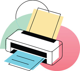 Vector illustration of a modern printer printing documents with abstract elements