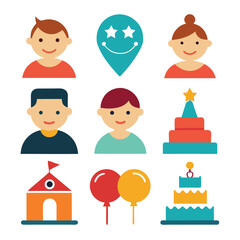 Vector illustrations of people, pin, cakes, balloons, and other party celebration elements