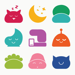 Whimsical collection of sleepy icons with moon stars clouds and funny characters