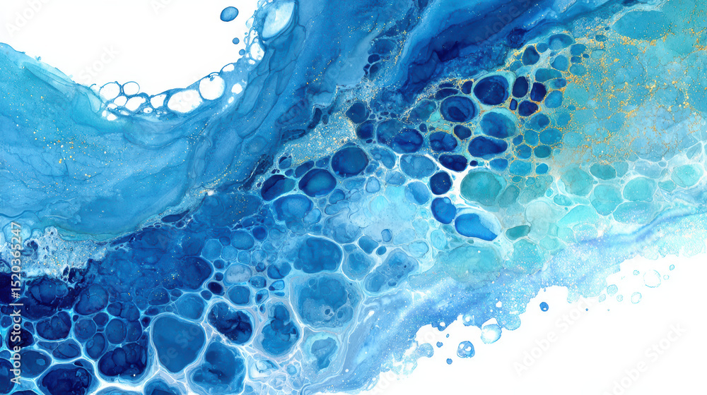 Poster abstract blue and gold fluid art with bubbles creates dynamic and calming visual effect