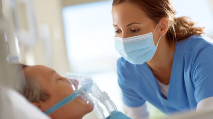 Healthcare Nurse Assisting Elderly Patient with Oxygen Mask - Vital Medical Care and Support in Hospital Emergency Situation