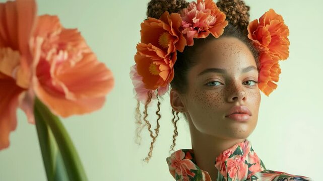 Artistic portrait of woman with floral headpiece showcasing elegance and beauty in slow motion