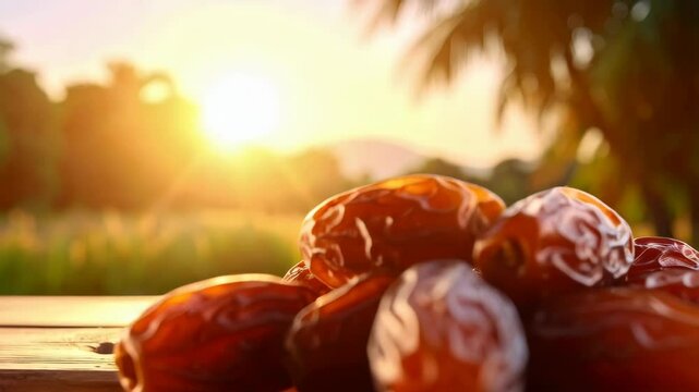 Pile of shiny dates on wooden surface against dreamy background during golden hour, healthy snack on a bright sunny day in a tropical environment