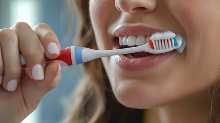 Close up of a woman brushing her teeth with a toothbrush and toothpaste with a focus on the gentle circular motions