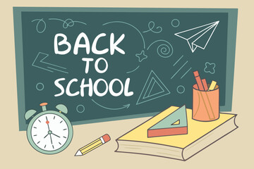 Back to school classroom scene with a chalkboard background filled with mathematical formulas, geometry diagrams, and white chalk scribbles. On a wooden desk in the foreground are school supplies