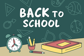 Back to school classroom scene with a chalkboard background filled with mathematical formulas, geometry diagrams, and white chalk scribbles. On a wooden desk in the foreground are school supplies