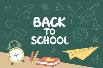Back to school classroom scene with a chalkboard background filled with mathematical formulas, geometry diagrams, and white chalk scribbles. On a wooden desk in the foreground are school supplies
