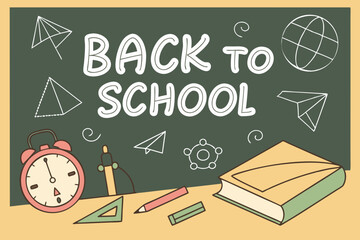 Back to school classroom scene with a chalkboard background filled with mathematical formulas, geometry diagrams, and white chalk scribbles. On a wooden desk in the foreground are school supplies