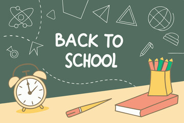 Back to school classroom scene with a chalkboard background filled with mathematical formulas, geometry diagrams, and white chalk scribbles. On a wooden desk in the foreground are school supplies
