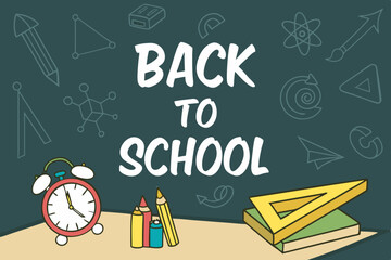 Back to school classroom scene with a chalkboard background filled with mathematical formulas, geometry diagrams, and white chalk scribbles. On a wooden desk in the foreground are school supplies
