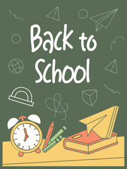 Back to school classroom scene with a chalkboard background filled with mathematical formulas, geometry diagrams, and white chalk scribbles. On a wooden desk in the foreground are school supplies