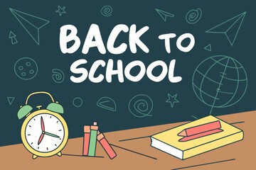 Back to school classroom scene with a chalkboard background filled with mathematical formulas, geometry diagrams, and white chalk scribbles. On a wooden desk in the foreground are school supplies