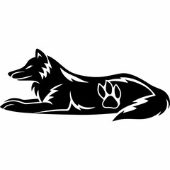 Black wolf lying down with paw print vector illustration wildlife animal predator canine silhouette design art