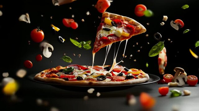 Dynamic motion of pizza slice with flying ingredients against a dark background