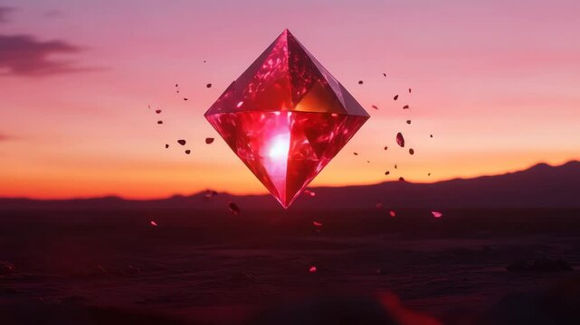 Radiant crystal floating above desert landscape at sunset with rising particles