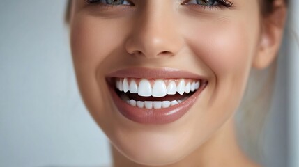 Close up of a womans smiling face showcasing her healthy teeth with a joyful expression and a blurred background ideal for positivity and dental care themes