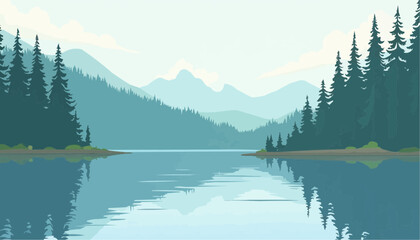 Fototapeta premium Lake and Mountain Landscape with Tree Reflection