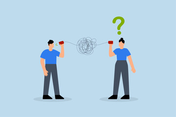 Bad communication, businessman talks through confused chaos, tangled phone line confuses others.