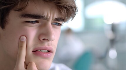 Close up of a young man holding his cheek in pain showcasing a toothache with a blurred dental clinic background emphasizing oral health issues