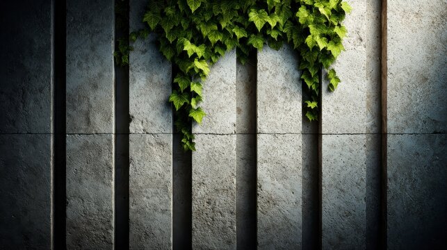 Concrete Wall Panels Enhanced by Lush Green Ivy Creating a Modern Urban Texture and Nature Contrast