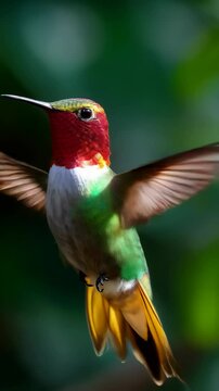 Striking portrait of a vibrant Rufous Hummingbird hovering with wings spread displaying its red gorget and iridescent green feathers in the garden