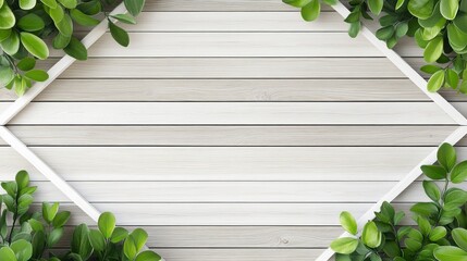 Natural Green Leaf Border on White Wooden Background for Elegant Decoration and Design Elements