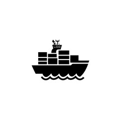 Flat icon of a container ship at sea used for global freight and ocean shipping logistics