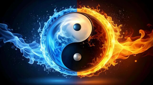 Stylized rendering of yin and yang with water and fire elements showcasing balance and harmony concept.