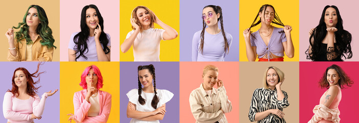 Collage of many beautiful women with different hairdo on color background