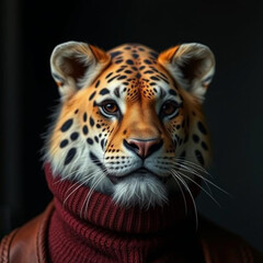 Obraz premium Retrato digital de estilo hiperrealista de un leopardo con rasgos antropomórficos. El animal lleva un suéter tejido color burdeos y una chaqueta marrón, posando con expresión seria