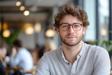 Fototapeta premium Young Man in Glasses Smiling at Caf. Trendy Casual Attire and Modern Interior for Youth Lifestyle and Technology Use