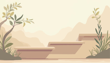 Product display with steps and plants on a background with mountains