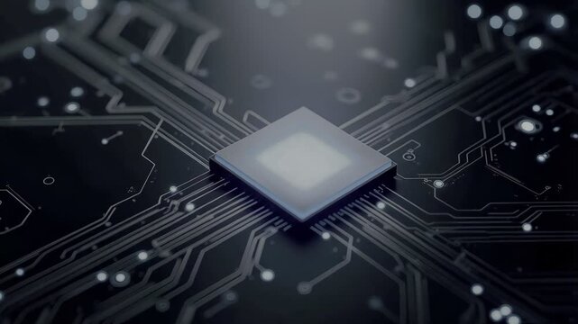 A sleek, blue computer chip centered on a complex circuit board with glowing white lines and nodes. Modern technology concept