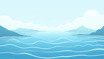 Blue ocean scene with mountain and cloud